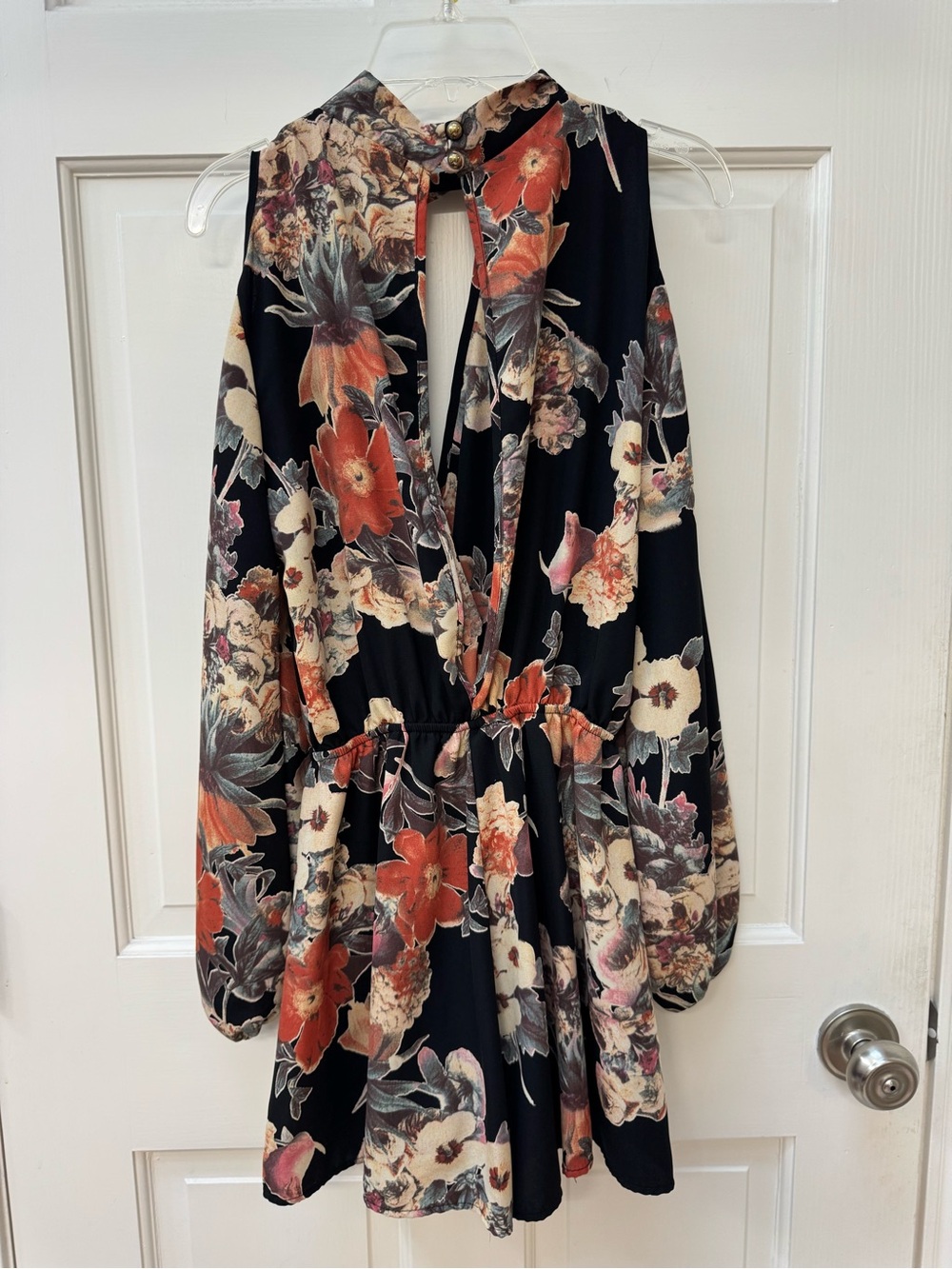 Black Floral Keyhole Long Sleeve Romper with Elastic Waist